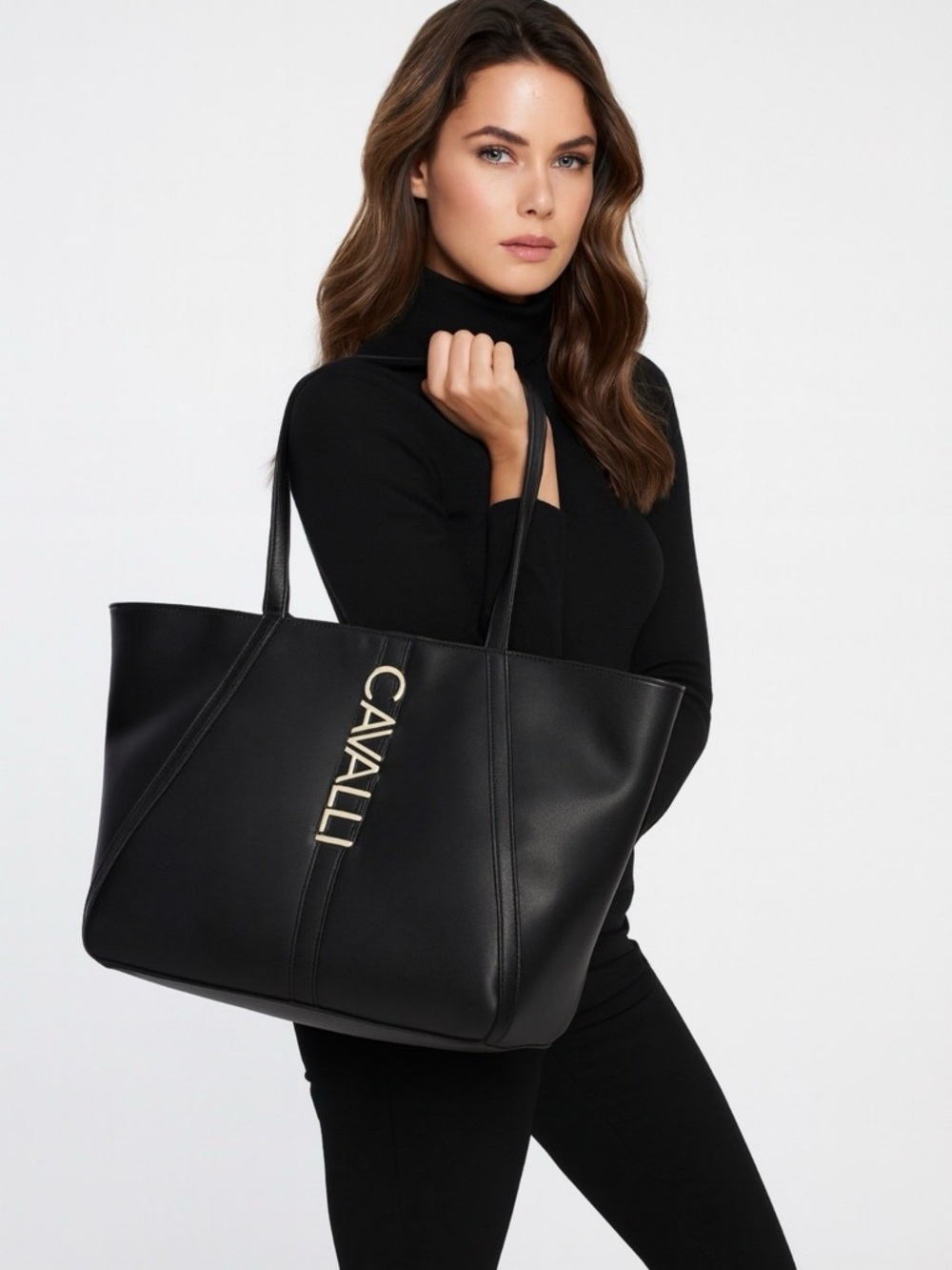 NWT Sandra Shopper Cavalli Class Black Tote with Gold Logo Pendant - Picture 3 of 7